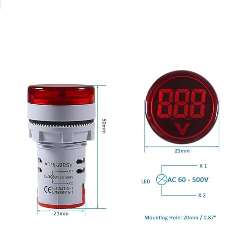 Image of Set of 3 AC 60-500V LED Voltage Meter Indicator Signal Light Digital Display Voltage Meter Indicator Round Lamp Tester (Red,Yellow,Blue)