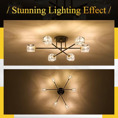 Image of Black Gold Crystal Semi Flush Mount Ceiling Light Fixture Industrial 26 inch Sputnik Chandeliers 6 -Light Modern Chandelier for Foyer Entryway Kitchen Bedroom Living Room Dining Room