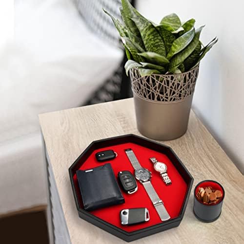 Belle Vous Black PU Leather and Red Velvet Octagon Rolling Dice Storage Tray with Cup & Dice - Dice Holder Box for Tabletop Games Like RPG and DND/D&D with Matching Cup - Catchall Tray for Jewellery