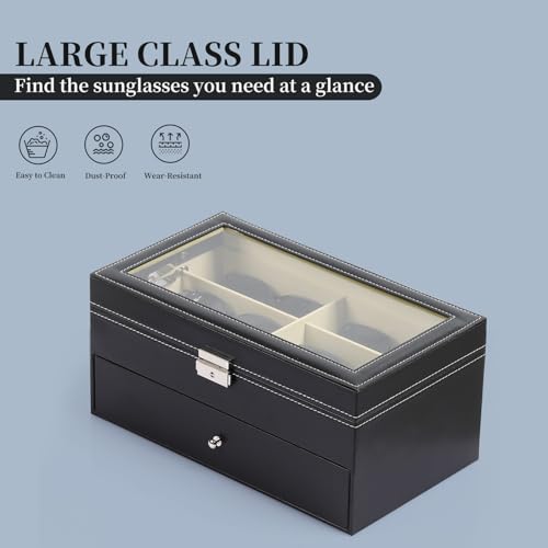Image of AUTOARK Leather 12 Piece Sunglass Storage Display Case,Black,AW-023 | Eyeglasses Organizer,Drawer Style,Lockable,Glass Top