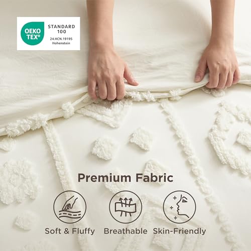 Image of Bedsure Boho Tufted White Comforter Set Queen Size, GentleSoft 3 Pieces Boho Farmhouse-Style Decor Bedding, Exquisite Bedding for All Seasons, 1 Bed Comforter, 2 Pillow Shams, 90x90 Inches