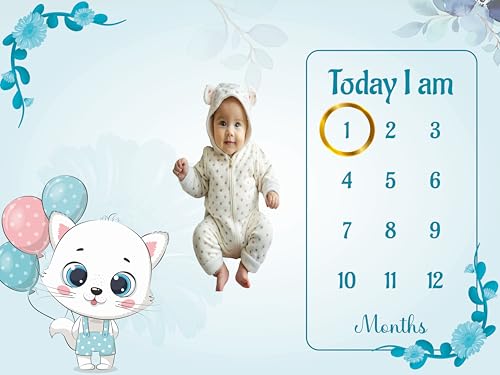 Image of Baby Monthly Milestone Blanket | 1-12 Months | Soft All-Season AC Blanket | Ideal for Newborn Boys & Girls | Perfect Growth Tracker & Photoshoot Prop with Balloon Kitty | 120x90 cm
