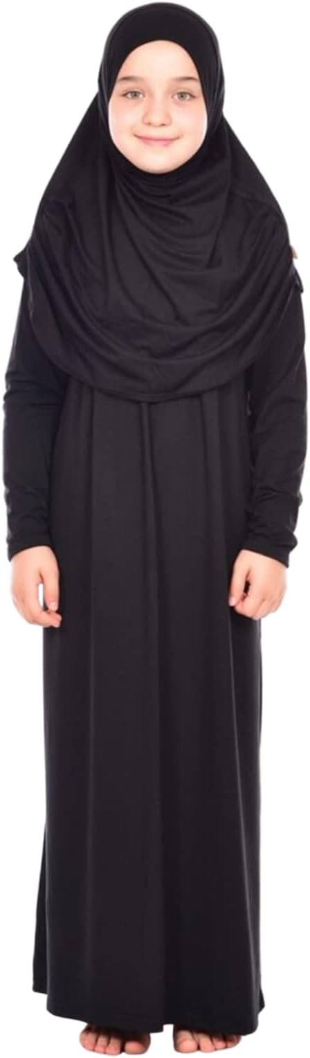 Kids Prayer Dress Muslim Clothes for Girls Long Sleeve Abaya with Hijab Two Piece Maxi Islamic Set Scarf Kaftan Jilbab