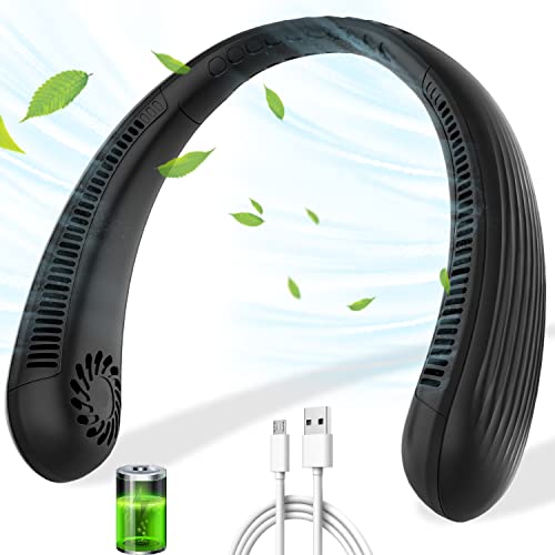 DDKJ Neck Fans Rechargeable 3 Speeds 360 Adjustable Necklace Battery Powered Bladeless Hands Free Wearable Round Neck Personal Cooling Fan for Women Men Kids Travel Office Holiday Outdoor Black
