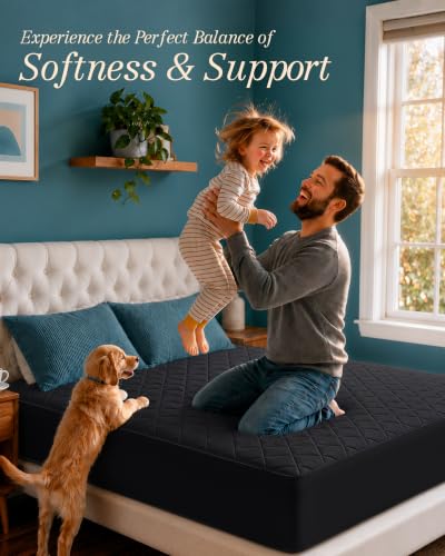 Image of Quilted Fitted Mattress Pad, Queen Mattress Protector Topper with Deep Pocket Stretches up to 16 Inches, Machine Washable Mattress Cover by Utopia Bedding (Black)
