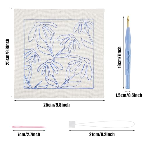 Image of Allazone Punch Needle Starter Kit - Square Frame with Flower Pattern, Hoop, Yarns, Punch Needle (Orange and White)