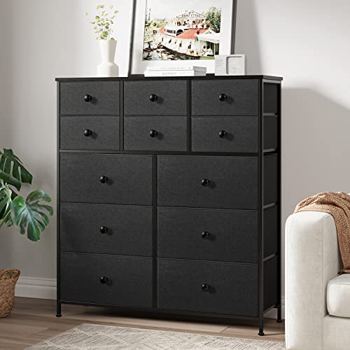 REAHOME Dresser for Bedroom with 12 Drawers, Chest of Drawers, Steel Frame, Wooden Top, Large Capacity Organizer Tower Living Room Entryway Office, Black Grey