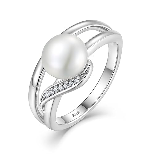 Women's Pearl Ring 925 Sterling Silver Cubic Zirconia Ring with 8mm Natural Freshwater Pearl Statement Ring for Women