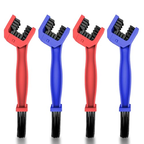 Frevoitna 4 Piezas Cepillo Limpia Cadenas Moto Rojo y Azul, Cepillos de Limpieza de Cadena de Tres Lados, Limpiador Cadenas Motocicleta Herramienta para Limpieza de Moto Bici Engranajes y Cadena
