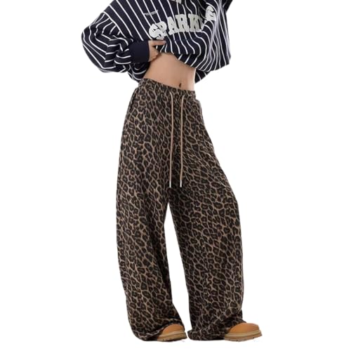 Gothic Retro lace up Leopard Print Pants, Versatile Wide Leg Pants with Design Sense, American Street Loose Hiphop