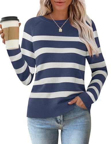 ZESICA Women's Long Sleeve Lightweight Striped Tops Fall Crewneck Ribbed Knit Loose Shirts 2025 Trendy Clothes