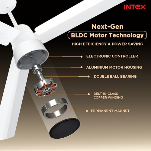 Image of Intex Dynojet 1200mm BLDC Ceiling Fan with Remote, 350 RPM High Speed, 220 CMM Air Delivery, Energy Saving Eco Mode, Timer, Silent Operation, Premium Finish Ceiling Fan (Matte White)