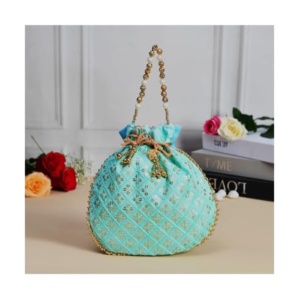 Kuber Industries Potli|Silk Wedding Potli|Drawstring Closure Potli|Wallet Potli|Christmas Gift Potli|Baby Shower Potli|Traditional Shagun Potli|Single Side Sequins-Potli|Pack of 3|Firozi - Image 4