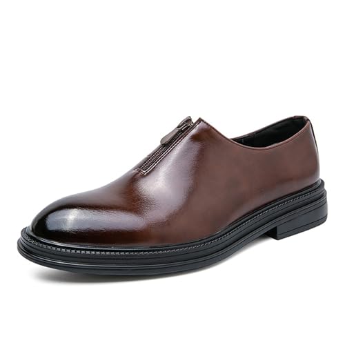 Men's Leather Slip-On Low Heel Oxford Shoes Fashion Round Toe Lightweight Non-Slip Zipper Closure Dress Loafers for Driving Business Office Shoes