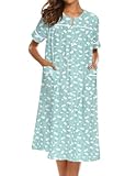 Ekouaer House Dress for Women with Pockets Button Down Duster Housecoat Short Sleeve Patio Dress Nightgown, Green Flower, XX-Large