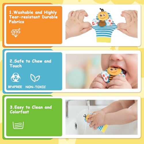 Image of SNOWIE Soft Rattle Set for Babies 0-6 Months with Sensory Wristbands | Toys for 6 Month Old Baby with Cute Colorful Cartoon Plush Rattle for Newborn Baby Gift (Garden Bug)