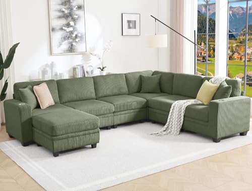 Modular Sectional Sofa, Corduroy 7-Seater Corner Couch with Ottoman Chaise, Convertible L-Shaped U-Shaped Sofa, Sectional Couches for Living Room, Apartment, Green