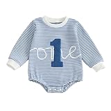 VISGOGO Baby Boy Girl 1st Birthday Outfit One Birthday Embroidery Waffle Romper Sleeveless Oversized Jumpsuit One Year Old (Blue, 12-18 Months)
