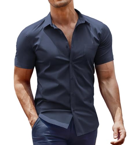Lista de Camisas Caballero del mes. 45 COOFANDY - Camisa de vestir de manga corta con botones y bolsillo para hombre, Azul marino, M