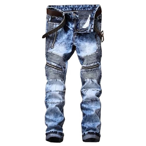 Men's Biker Zipper Deco Washed Jean Straight Fit Slim Biker Pants Classic Slim fit Jean,Moto Washed