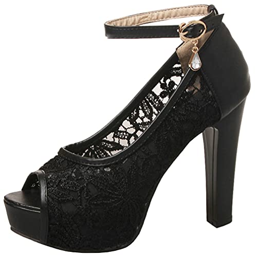 Agodor Women's Lace Wedding Shoes Platform Peep Toe Pumps Ankle Strap Block High Heel Sandals