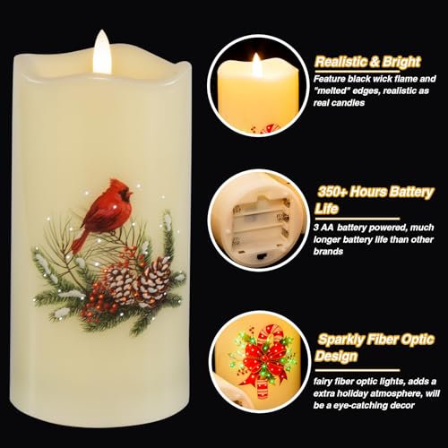 Image of Eywamage Fiber Optic Christmas Flameless Candles with Remote, Flickering LED Battery Pillar Candles Set of 3