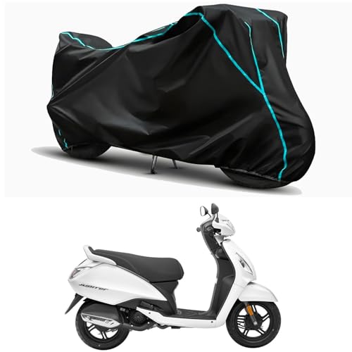 Image of Waterproof Bike Body Cover Compatible for | TVS Jupiter Sheet | Taffeta Fabric, Sky Piping Design, Bottom Elastic Fit | Dustproof, Sun UV & Rain Protection for All Weather.
