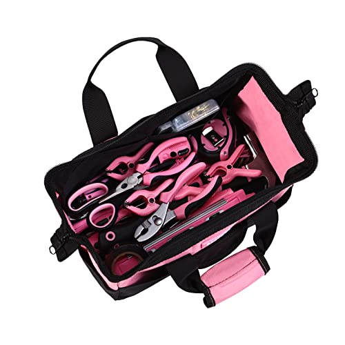 Pink Tool Bag for Women With 13-Inch Wide Mouth Double Zippers,Tool Bag With 8 Pockets Outside and 2 Pockets Inside(PINK)