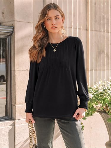 Womens Long Sleeve Shirts 2025 Dressy Fall Fashion Casual Tops Pleated Business Outfits Trendy Blouses with Smocked Cuffs3