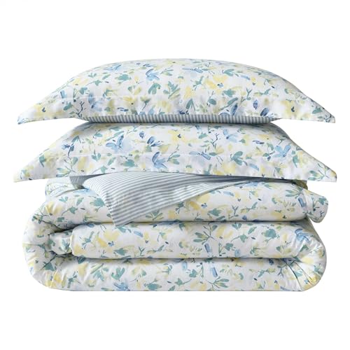 Laura Ashley - Queen Comforter Set, Soft Cotton Blend Bedding with Medium Weight Feel, Reversible Bedding with Matching Pillowscases, Bonus Euro Shams & Throw Pillows, 7 Piece Bed Set (Nora Blue)