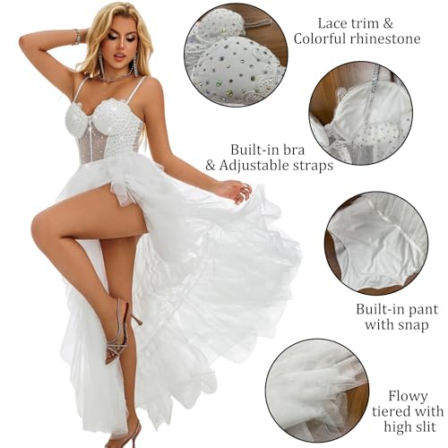 Tulle Prom Dresses for Women, Glitter Lace A Line High-Low Ruffled,Corset Party White Tulle Gown with Slit4
