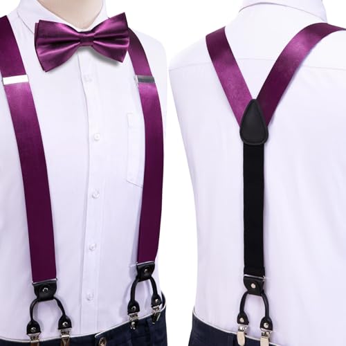 Image of Hi-Tie Men Suspender Bowtie Set Suspenders Pre-tied Bow Tie Pocket Square Cufflinks Adjustable Y Shape 6 Clips Braces Tuxedo