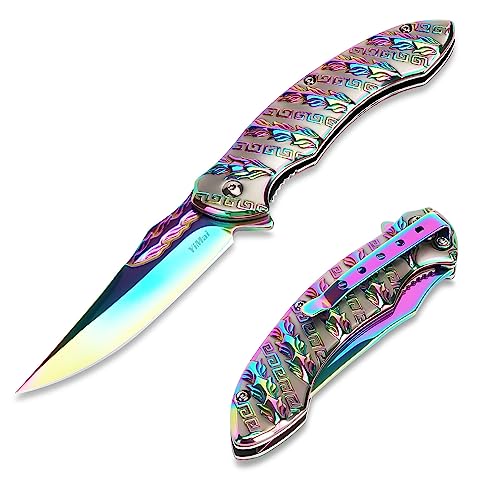 YiMai Cuchillo Plegable, Navaja de Bolsillo con cerradura grabado patrón mango, Cuchillo Plegable para Acampar, Pesca, Caza, Senderismo (Color degradad)