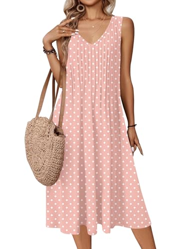 Image of Zeagoo Women Summer Casual Dresses 2026 Sleeveless Midi Pleated Tank Sundress with Pockets V Neck A Line Swing Tshirt Dress