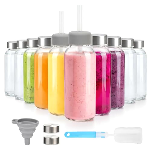Image of Zukro 12 oz Glass Juice Bottles with Lids, Airtight & Leak proof, Reusable Clear Small Glass Bottle With Stainless Steel Cap for Juicing, Water, Smoothie & Milk, Dishwasher Safe & BPA Free, 10 Pack