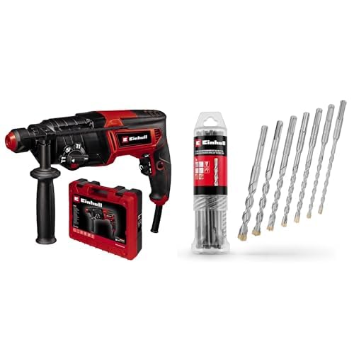 Einhell Martillo perforador TC-RH 800 4F(800 W, 2,6 julios, taladrar con percutor+ cincelar con/sin fijación, mecanismo de impacto neumático, SDS-Plus,funcionamiento continuo) + Juego de 7 brocas