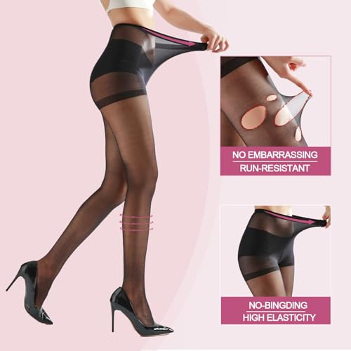 Weziarer 2 Pairs Women's Sheer Tights with Run-Resist,20D Ladies High Waist Support Control Top Pantyhose-Reinforced Toes2