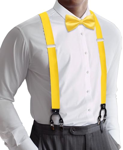 Image of YOHOWA Men Suspenders 6 Clips Strength Adjustable Y Braces Pre-Tied Bow Tie Set Formal Wedding Party