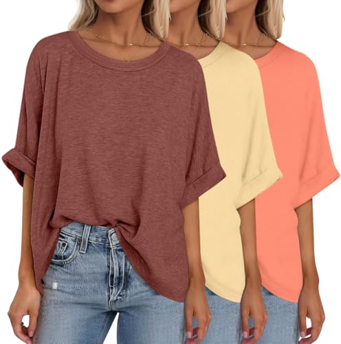Bliwov 3Pack Women Oversized T-Shirt Short Sleeve Loose Tops Crew Neck Fashion Blouses Summer Outfits Beach Vacation Clothes