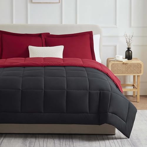 Hearth & Harbor Down Alternative Comforter - All Season Soft Quilted Queen Bed Comforter Duvet Insert with Corner Tabs - Queen Size 3 Piece Set with Pillow Shams Reversible Red/Black