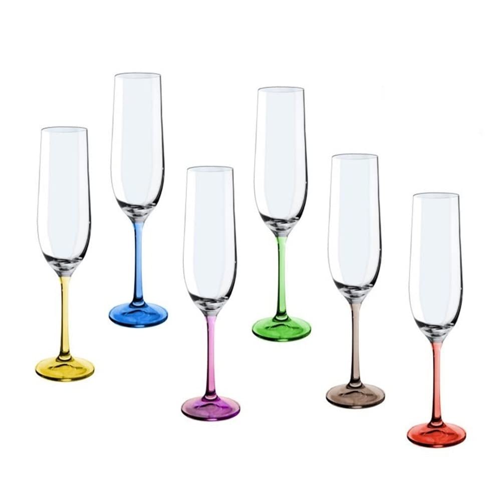 Lot de 6 verres à champagne modèle RAINBOW 24 cm. Pied couleurs assorties 19 cl.
