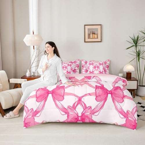 Image of Pink Bow Comforter Set 7 Piece Bed in a Bag Twin | Kawaii Ribbon Bowknot Bedding Sets Princess Bow Comforter and Sheet Set, Kawaii Bow Tie Bed Sets,Pink Decor for Bedroom