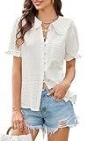 ECOWISH Women's Button Up Shirt - Peter Pan Collar Frilled Short Sleeve Summer Tops Casual Cotton Vintage Solid Blouse White Large