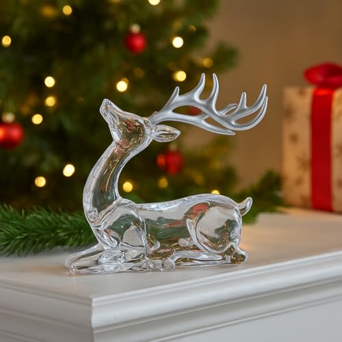 Marco Paul LED Christmas Acrylic Tree & Reindeer Ornament – 27 cm Musical Light-Up Scene with Multi-Coloured Lights – Battery-Powered Festive Xmas Decoration (14cm Sitting Stag)
