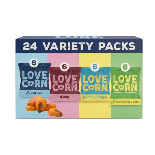 LOVE CORN Variety Pack Sea Salt BBQ Salt & Vinegar Sour Cream & Chive - (24 x 20g) High Fibre Snack High Oleic Sunflower Oil Gluten-Free Vegan Kosher Low Sugar Healthy Lunchbox Variety UK