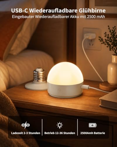 Suright Wiederaufladbare Glühbirne mit Batterie, 3 Farben Dimmbare Abnehmbare Akku Glühbirne mit Fernbedienung und Timing für Nicht… – Ansicht 3