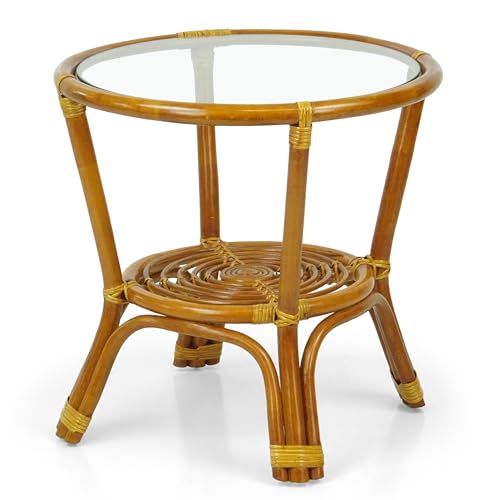 Round Coffee Table w/ Glass Top Natural Rattan Wicker ECO Handmade, Cognac