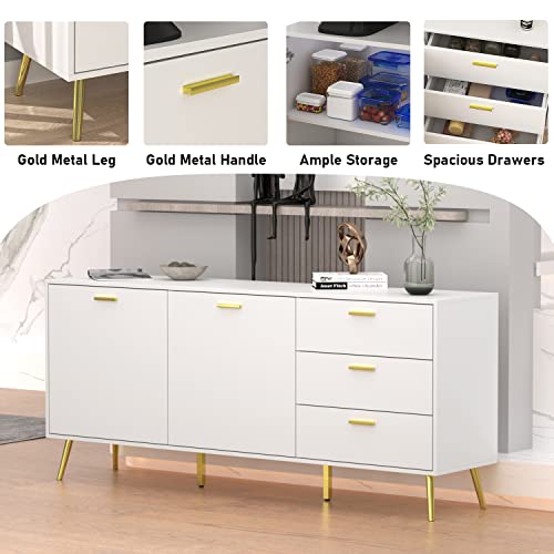 Famapy Sideboard Storage Cabinet With Drawers And Doors, Crdenza Sideboard Buffet With Gold Metal Legs, For Living Room White (69”W X 15.6”D X 30”H) #TOP3