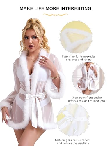 comeondear Fur Feather Robe for Women Sheer Long Sleeve Kimono Robe Nightgown Plus Size Bridal Robe with Belt White - Thumbnail 6