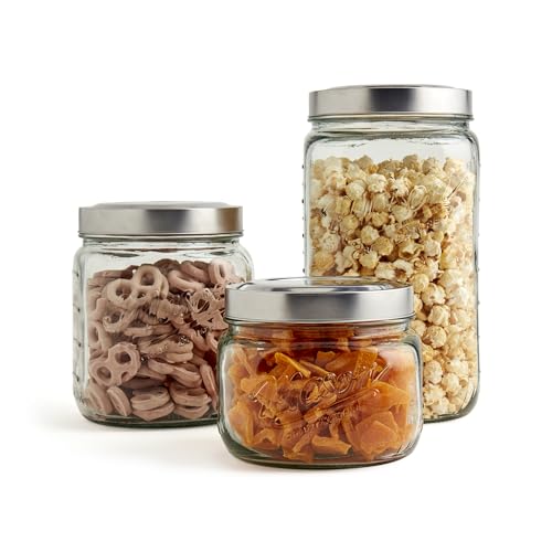 Mason Craft & More Airtight Kitchen Food Storage Clear Glass Pop Up Lid Canister, 3 Piece Pop Up Graduated Canister Set (1.6L, 2.75L, and 4.6L)